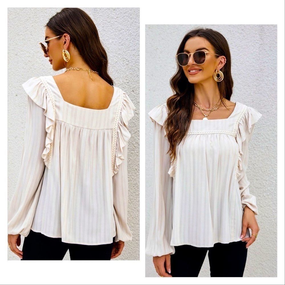 NWT! SQUARE NECKLINE RUFFLE TRIM BISHOP SLEEVE BLOUSE IN CREAM!